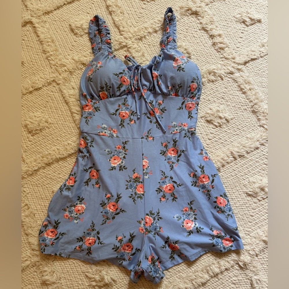 Derek Heart Romper - Blue with Pink & Blue Flowers - Size Medium
